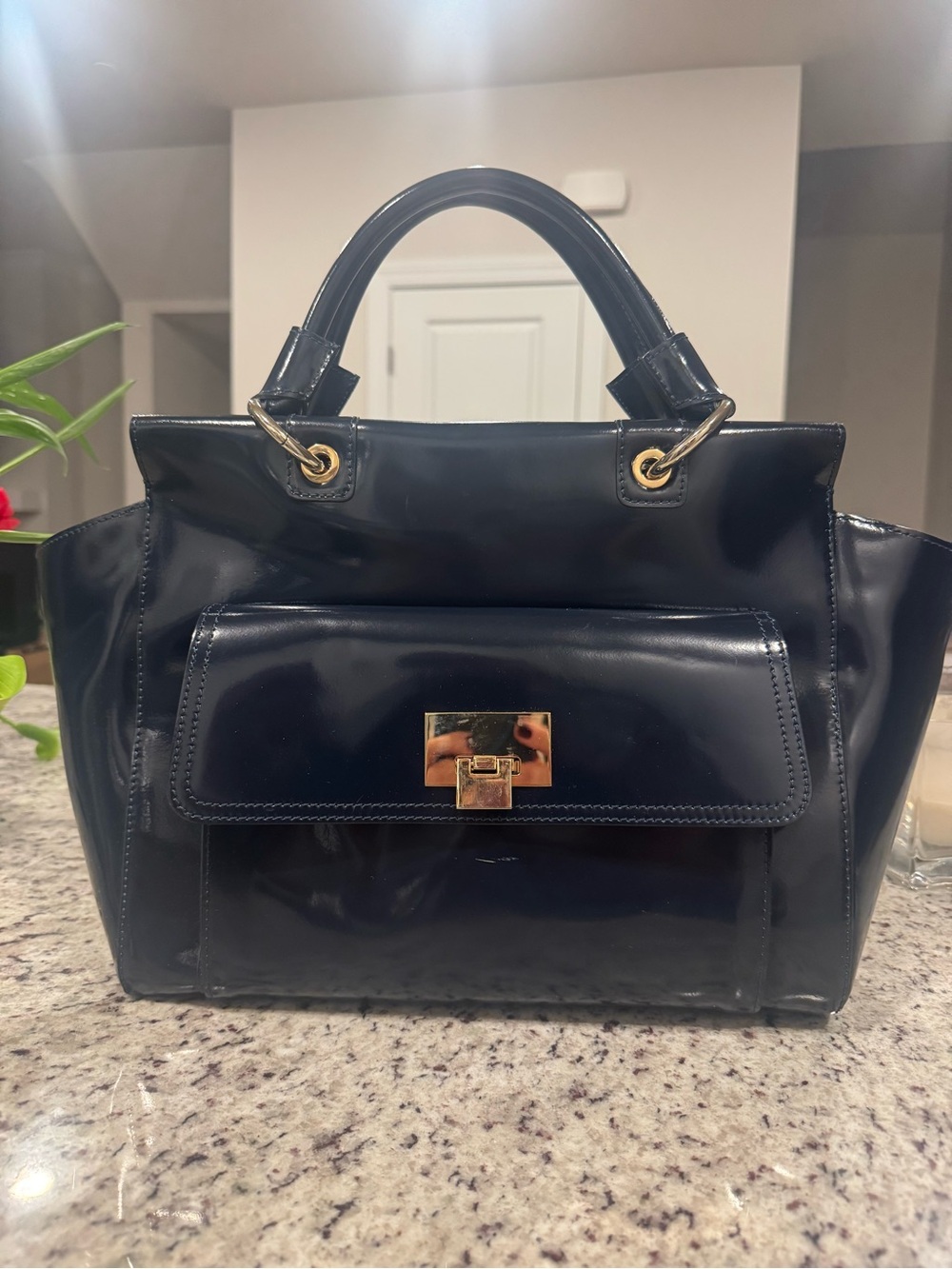 Italian Navy Blue Patent Leather Satchel Handbag with Gold Hardware